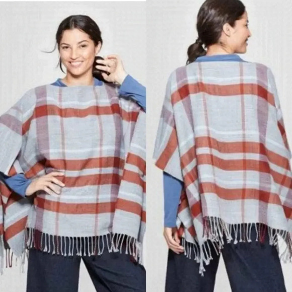 A new Day plaid grey  poncho - Picture 1 of 4